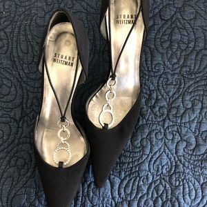 Evening heels, black silk and rhinestone.